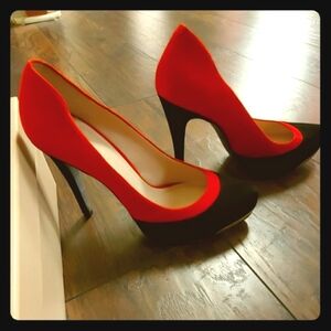 BCBGeneration Stiletto Suede Pandee Heels- black and burnt orange